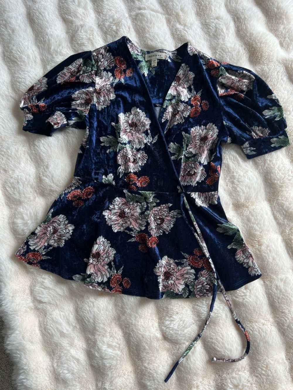 Aritzia Floral Velvet Wrap Top - Navy